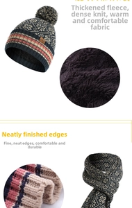 Detailed close-up of thick fleece lining and geometric knit pattern of winter set