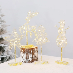 Christmas Desktop Decorations Warm White LED Iron Wire Star Reindeer Snowman Tree Ornament Home Holiday Indoor Festive