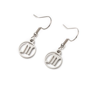 Macro detail of silver stainless steel earrings with hollow Scorpio zodiac symbol design