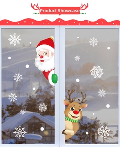 Christmas window stickers set featuring Santa Claus, reindeer and white snowflakes on glass