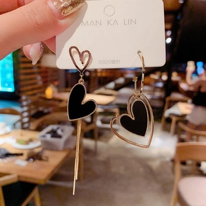 Asymmetric Heart Tassel Drop Earrings With 925 Sterling Silver Earring Post Black Gold Alloy Hollow Trendy Chic