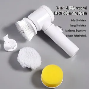 3-in-1 cordless electric cleaning brush set with nylon, sponge and wool heads for kitchen