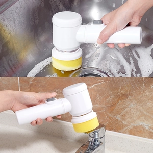 Electric handheld spin scrubber with yellow sponge head for kitchen and bathroom cleaning