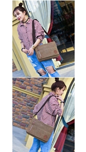 Brown canvas messenger bag shown on model featuring a retro style and adjustable strap