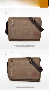 Detail view of brown canvas messenger bag showing front vertical zipper and leather logo patch