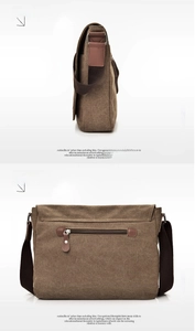 Brown canvas messenger bag side view and back pocket detail showing durable fabric texture