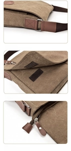 Detail view of reinforced stitching, Velcro closure, and metal zipper on brown canvas bag