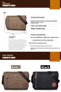 Detailed size chart for the retro canvas messenger bag with dimensions and capacity details
