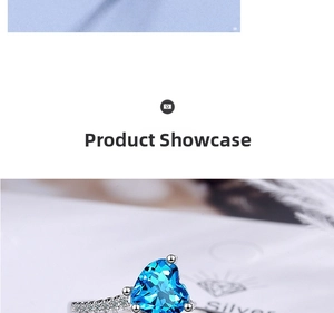 Detailed close-up of heart-shaped blue diamond ring with silver band and side stones