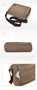 Detailed views of vintage brown canvas messenger bag with adjustable strap and zip pocket