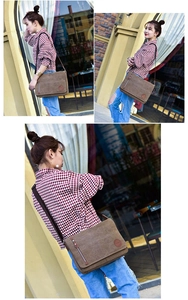 Detailed views of brown canvas messenger bag showing zipper pockets and leather patch