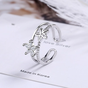 Double-layer silver flower ring with zircon stones and adjustable open band for women