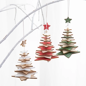 Three-tier wooden Christmas tree ornaments in red white and green with hanging stars