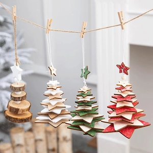 Wooden Christmas Tree Hanging Ornaments Star Shape Multi Layer Stacked Nordic Style Rustic Holiday Decor Wood Beads Hemp Rope