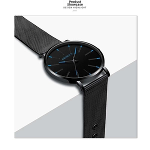 Close-up of black Geneva quartz watch with blue indices and mesh strap detail