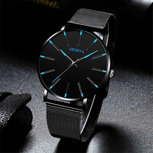 Detail of Geneva quartz watch featuring black mesh strap and striking blue hour markers