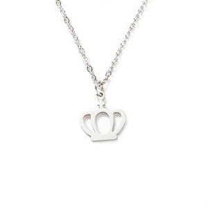 Polished stainless steel necklace featuring a laser-cut crown pendant on a fine link chain
