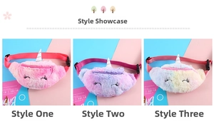 Detailed comparison of plush unicorn waist bags in pink, blue and rainbow gradient styles