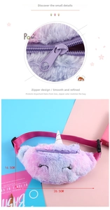 Detail view of plush unicorn waist bag showing dimensions of 26.5cm x 16.5cm and zipper