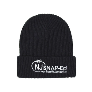 Classic black knit beanie with white NJ SNAP-Ed embroidery for men and women