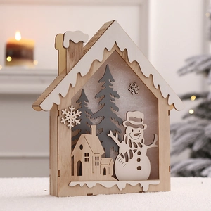 Nordic wooden Christmas glowing cabin with snowman and tree, warm LED holiday decoration