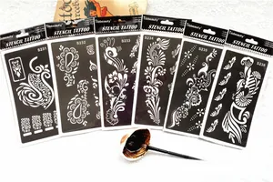 Ensemble détaillé de 6 pochoirs tatouage henné avec pinceau applicateur et encre noire