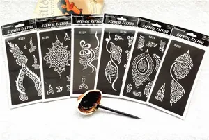 Détail des pochoirs de tatouage henné S225-S230 avec motifs mandala et kit pinceau