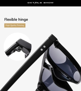 Close-up of flexible metal hinge and high quality finish on black square sunglasses