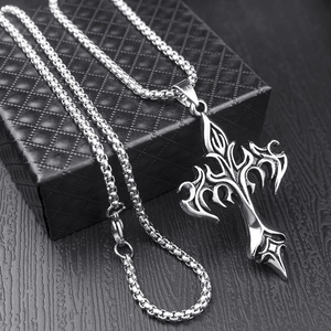 Hip hop flame cross titanium steel necklace with silver box chain on a black gift box