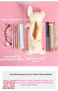 Detail view of plush puppy pencil case showing 23cm length and 15-pen capacity