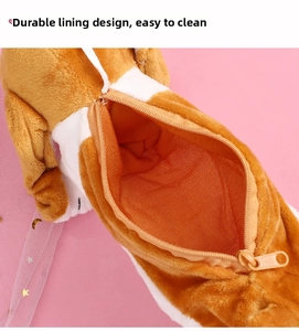 Detail view of the brown fabric lining inside the plush dog-shaped pencil case
