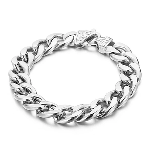 Men's titanium steel cuban chain bracelet with ornate floral engraved square clasp buckle