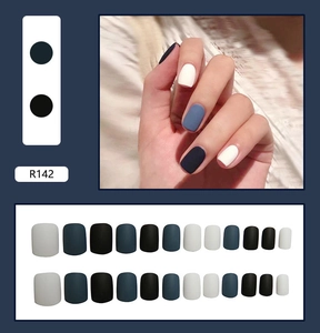 Matte press-on nails in white, grey-blue, and dark blue with a flat lay 24-piece set