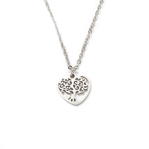 Polished silver stainless steel heart necklace with hollow tree of life pendant design