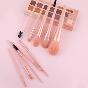 Detailed top view of 10-piece pink makeup brush set with rose gold ferrules and soft bristles