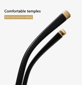 Detail view of smooth black temples with gold metal tips and anti-slip comfort design