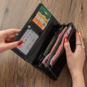 Vintage long leather wallet for women with multiple card slots and zipper pocket