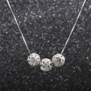 8mm silver necklace with three hollow zircon-inlaid spheres on a fine box chain