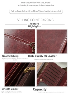 Detailed views of vintage burgundy PU leather wallet with multi-card slots and smooth zipper