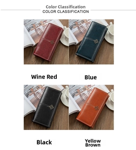 Litchi pattern leather long wallets for women in wine red, blue, black, and yellow brown