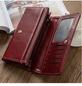 Detail view of large capacity wallet interior with multiple card slots and zipper pocket