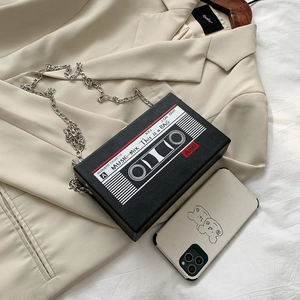 Retro black cassette tape shaped hard shell crossbody bag with silver chain strap