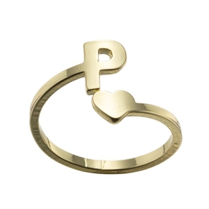 Macro detail of golden open ring featuring letter P and heart symbol on white background