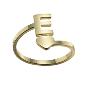 Detailed view of adjustable gold-finish letter E ring with small heart charm detail