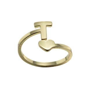 Detailed view of adjustable golden open ring featuring T-shape and heart design