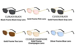 Flat lay of small rectangular metal sunglasses in six different color frame and lens options