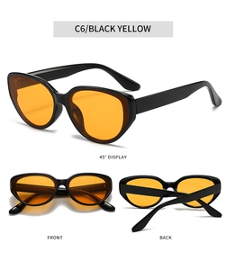 Detailed views of black cat eye sunglasses with orange lenses from various angles