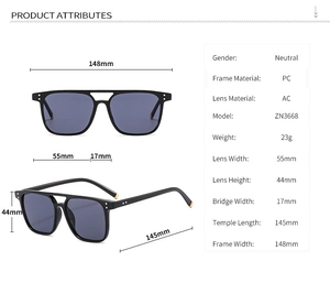 Technical drawing showing the exact dimensions and frame measurements of these square sunglasses