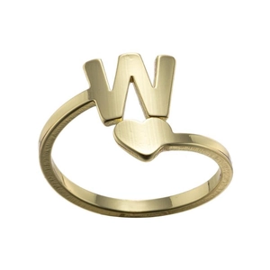 Detailed close-up of a gold-plated letter M and heart open ring on white background