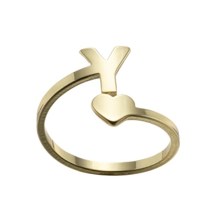 Detailed view of golden open ring featuring a polished letter Y and small heart charm